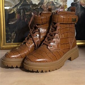 Michael Kors Brown Croc-Embossed Lace Up Boots